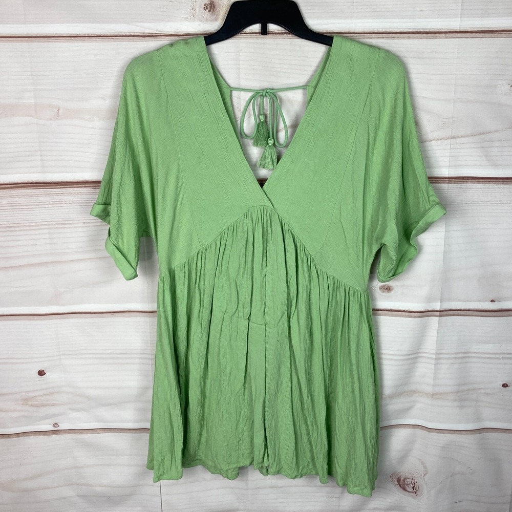 O'Neill Dress Women L Green Swing Mini V-Neck Short Sleeve Gauze Tie Back Pocket